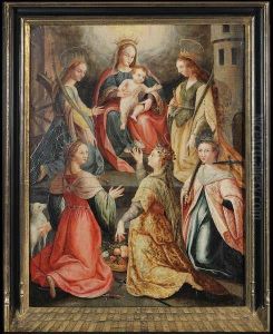 Verheerlijking Van Maria Door Vijf Vrouwelijke Heiligen, Catharina, Lucia, Dorothea, Agnes En Barbara. Paneel. Monogram Dragend. Retouches.