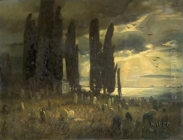 Am Meer Unter Hohen Zypressen Gelegener Friedhof In Abendlicher Stimmung - view 1