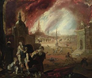 The Flight Of Aeneas, With The Fall Of Troy Beyond by Johann Liss