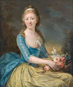 Dame In Gelb Und Blau Mit Einem Blumenkorb