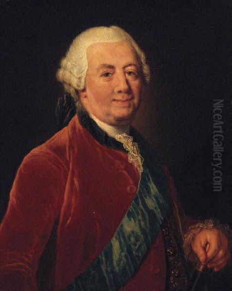 Portrait Of A Gentleman, Half-length, Wearing A Red Coat With Ablue Order Sash, Holding A Baton - view 1