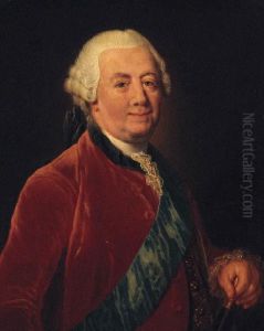 Portrait Of A Gentleman, Half-length, Wearing A Red Coat With Ablue Order Sash, Holding A Baton