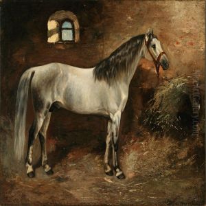 Whiteand Grey Horse In A Stable by Aleksandr Dmitrievich Litovchenko