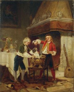 Zwei Kinder, Mit Einem Hund Spielend. by Karl Joseph Litschauer