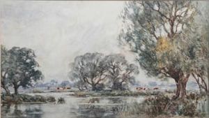 Cattle Grazing In A Waterside Pasture by George Leon Little