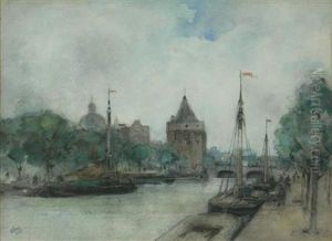 Canal Scene With Barges by J. Little