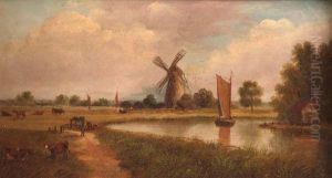 A Norfolk River Scene With Wherry And Windmill by Edward Littlewood