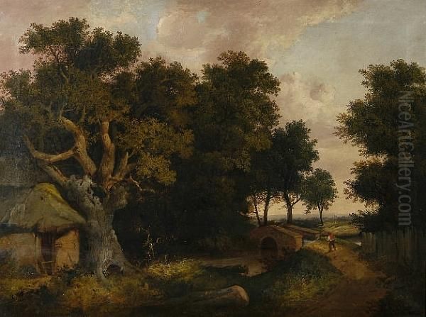 A Wooded Landscape With A Figure By A Bridge - view 1