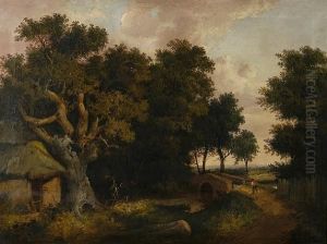 A Wooded Landscape With A Figure By A Bridge by Edward Littlewood