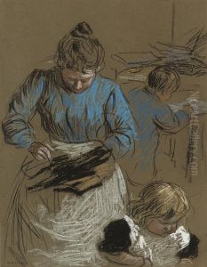 Woman Sewing, Accompanied By Two Children by Horace Mann Livens