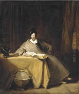 An Elegant Figure Seated At A Table Reading A Book by Henry Liverseege