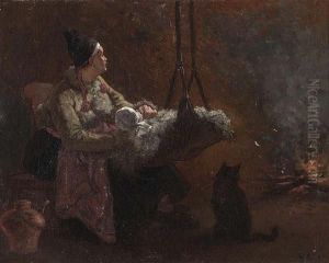 Mutter Mit Kind Am Feuer. by Frederic-Theodore Lix