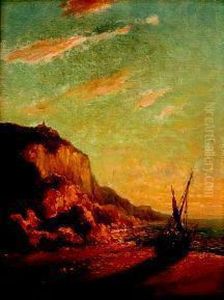Veduta Costiera Al Tramonto Con Nave In 
Secca