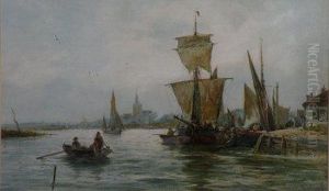 An Estuary Scene With Moored Fishing Boats by Robert Malcolm Lloyd
