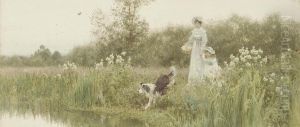 A Mother And Child With Their Sheepdog On The Banks Of A River