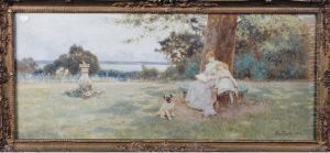 An Edwardian Woman Reading To Her Daughter Beneath A Tree In A Garden With A Pug Sitting Before Them by Thomas Lloyd