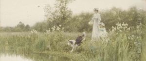 A Mother And Child With Their Sheepdog On The Banks Of Ariver