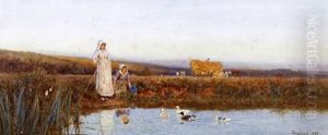 Young Maids At A Duck Pond With Harvesters Beyond