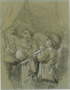 Two Children Waking Their Mother by Timoleon Marie Lobrichon