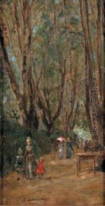 "la Promenade Du Dimanche" Huile Surpanneau, Signee En Bas Au Milieu. 34,4 X 18,4 Cm. Eleve Depicot
