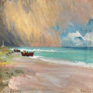 Seascape With Fishing Boats On The Beach, Skagen by Carl Locher