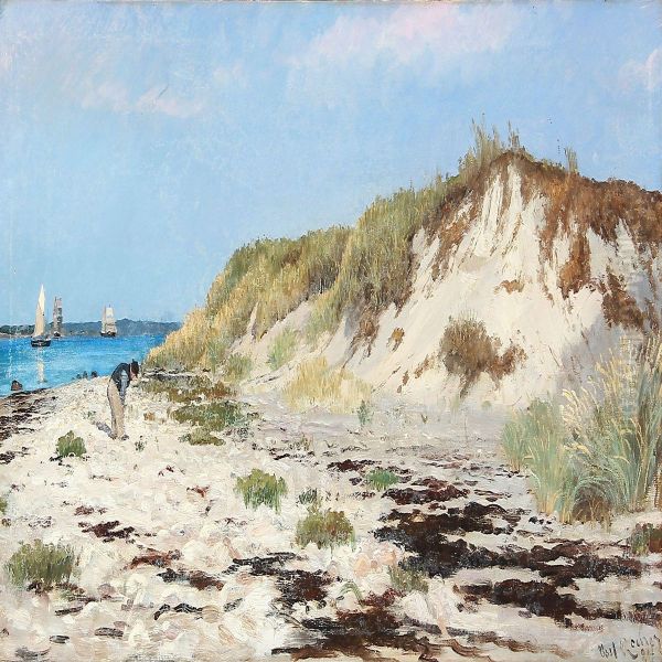 Beach Scene With A Man Digging Worms, In The Background The Great Sound With Sailing Ships - view 1