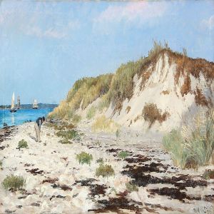 Beach Scene With A Man Digging Worms, In The Background The Great Sound With Sailing Ships by Carl Locher