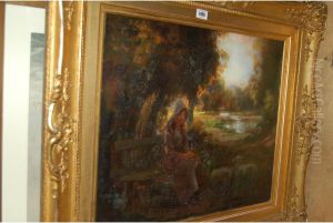 Landscape With Ladies Seated On A Bench Feeding Two Lambs