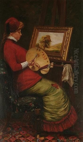 Portrait Of A Lady In Profile, Wearing A Fez, Seated Painting At Her Easel - view 1
