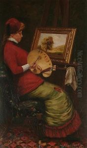 Portrait Of A Lady In Profile, Wearing A Fez, Seated Painting At Her Easel by John Gibson Lockhart