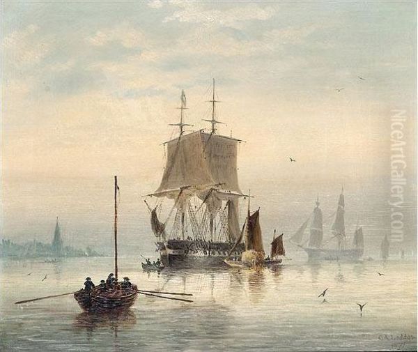 Estuary Scene With Man-o'-war At Anchor And Hay Barge - view 1