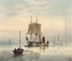 Estuary Scene With Man-o'-war At Anchor And Hay Barge by Charles Arthur Lodder Capt.