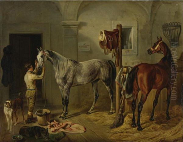 Preparing For The Hunt, A Dapple Grey And A Bay Hunter In A Stable - view 1