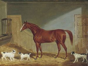 A Chestnut Hunter, Two Terriers And A Hound In A Stable by James Loder Of Bath