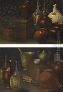 A Still Life With Two Wicker Covered Glass Bottles, A Jug, A Selection Of Other Pots And An Herbaceous Plant by Rodolfo Lodi