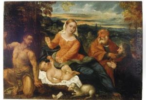 The Virgin And Child With St. John The Baptist And A Donor In A Landscape by Fiumicelli Lodovico