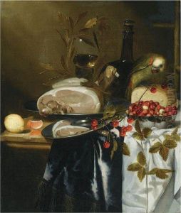 Still Life Of A Ham On A Pewter Plate, A Loaf Of Bread, Wildstrawberries In A Silver Bowl, A Roemer And A Glass Flask, A Branchof Cherries, A Lemon And A Sliced Orange, All Arranged On A Partlydraped Table, Together With A Parrot by Harmen Loeding