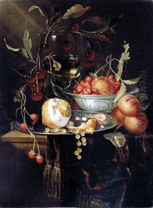 Still Life Of A Peeled Lemon With Prawns And Whitecurrants On A Pewter Dish, With Peaches And by Harmen Loeding