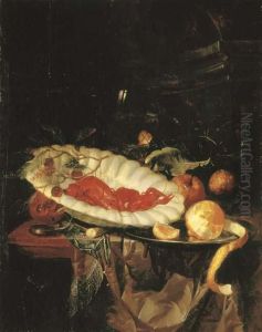 Lobsters And Cherries In A Porcelain Bowl, A Partly-peeled Lemon On A Pewter Platter, A Small Silver Box, A Roemer And Oranges On A Partly-draped Table Ledge by Harmen Loeding