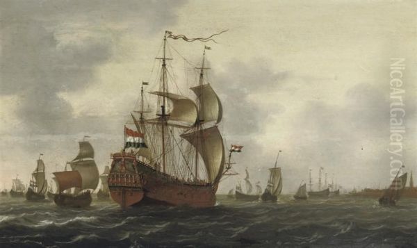 Shipping In Choppy Waters Near A Walled Town - view 1
