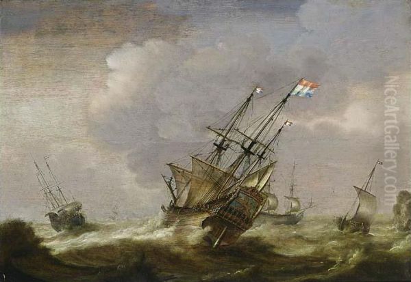 A Dutch Man-of-war And Other Ships In Stormy Seas - view 1