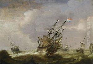 A Dutch Man-of-war And Other Ships In Stormy Seas by Jacob Gerritz Loef