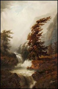Mountain And Waterfall by Alexander Francois Loemans