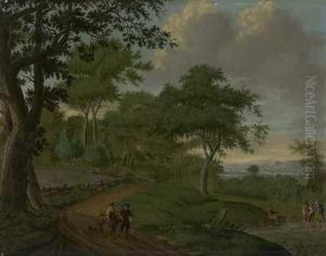 Weitlaufige Sommerlandschaft Mit Wanderern Am Teichufer