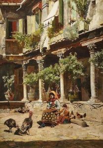 Les Jeunes Filles Dans Un Patio Fleuri by Logsdail William