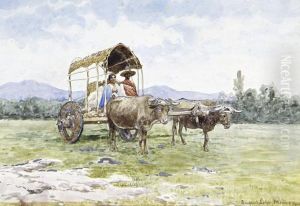 A Family In An Ox-drawn Cart, Mexico by August Lohr