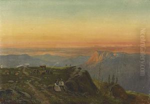 Abendliche Landschaft Mit Hirtenpaar In Den Alpen