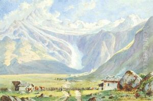 Alpine Landscape With A Glacier At The Head Ofa Valley by Emil Lohr