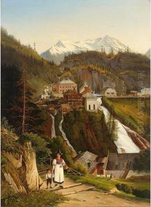 A Woman With Her Child On A Mountain Path, A Village Near A Waterfall In The Background