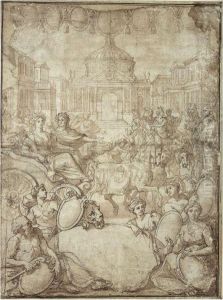 With King Louis Xiv Seated On Athrone Beside Abundance And Other Allegorical Figures by Nicolas Loir